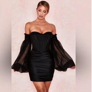 House of CB Beau Corset Mini Dress Ruched Long Sleeve Bodycon Black L+